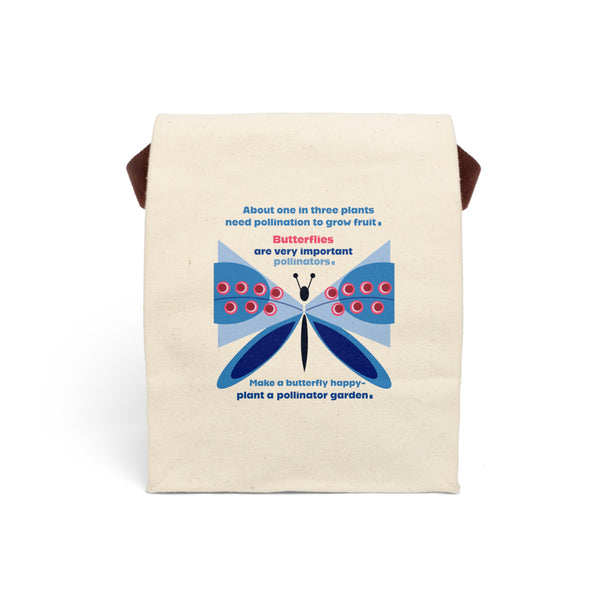 image of canvas lunch bag with illustration of large stylized blue butterfly and message about the importance of butterflies as pollinators
