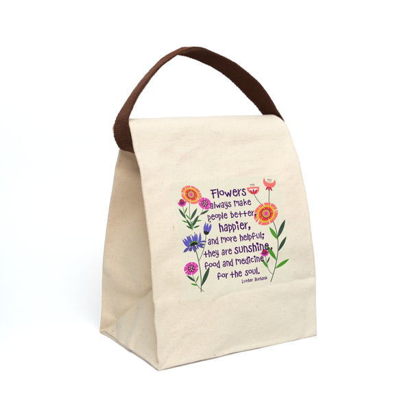 image of canvas lunch bag with illustration of stylized orange, pink and purple flowers and a saying about flowers