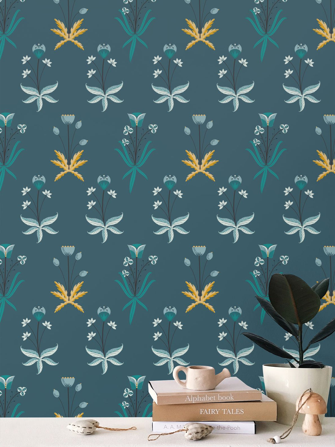 Image of wallpaper closeup featuring stylized flowers in a teal, gold and white color palette against a medium dark teal background