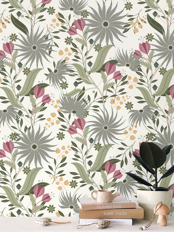 Image of wallpaper on a wall featuring silver colored zinnias pink tulips with a lot of green and gold leaves against a white background