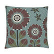 closeup image of a throw pillow. the pillow has a light teal background and 4 stylized brown and white flowers. Smaller dark green and light green flowers are in the background. 