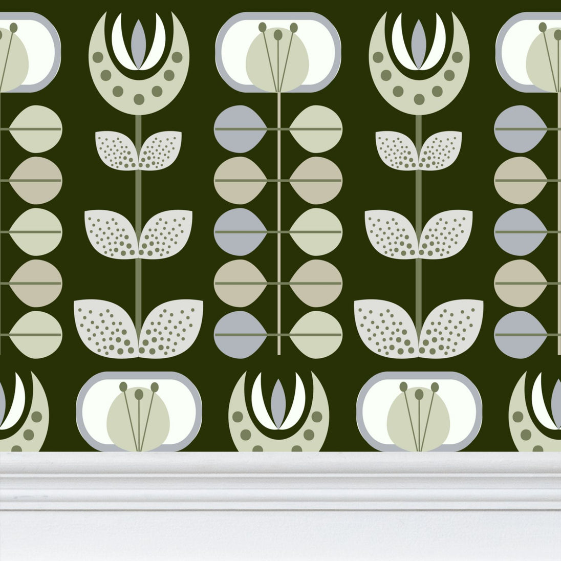closeup image of wallpaper on a wall featuring stylized large pale  green flowers and light green and blue leaves against a medium warm green  background
