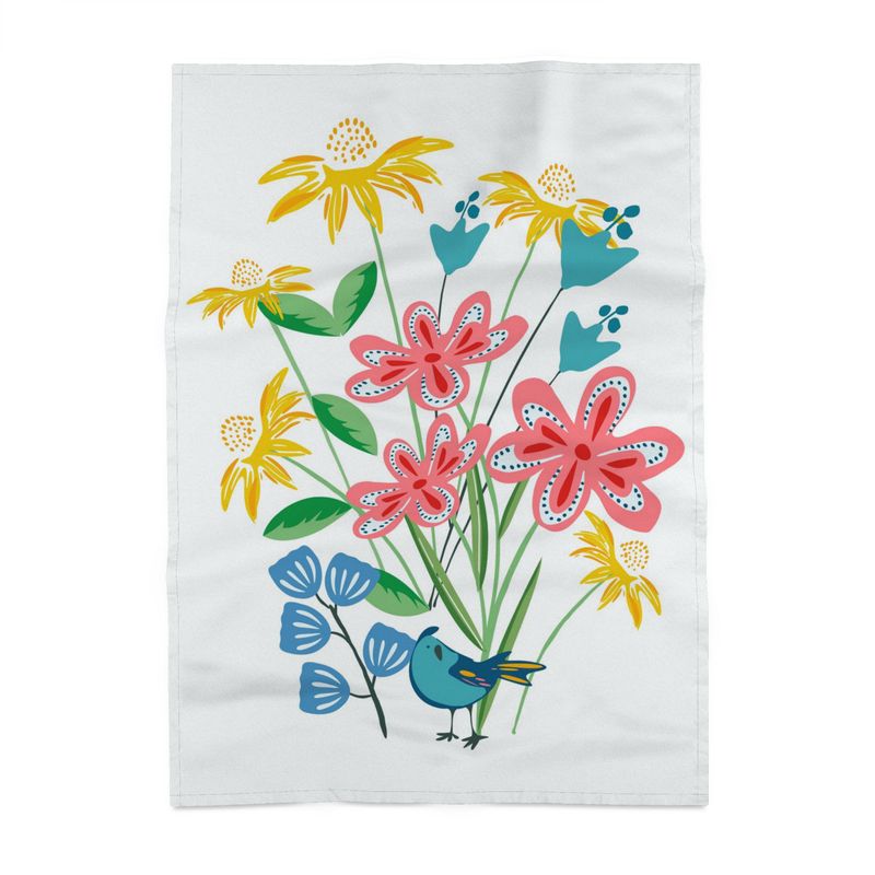 Image of a cotton tea towel featuring a bouquet of flowers and a cute bluebird against a white background