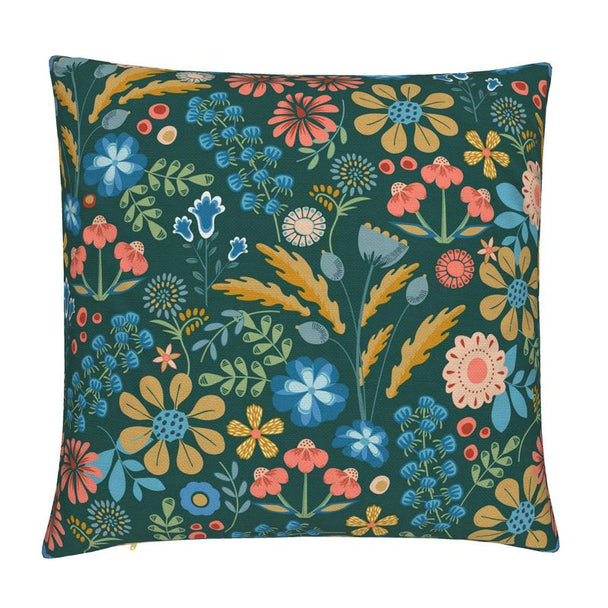 Image of a cotton linen blend throw pillow cover featuring colorful stylized flowers in blue, gold and coral against a dark green background