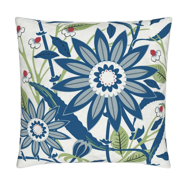 Image of a cotton linen blend throw pillow cover featuring colorful stylized flowers in blue, with green and red accents against a white background