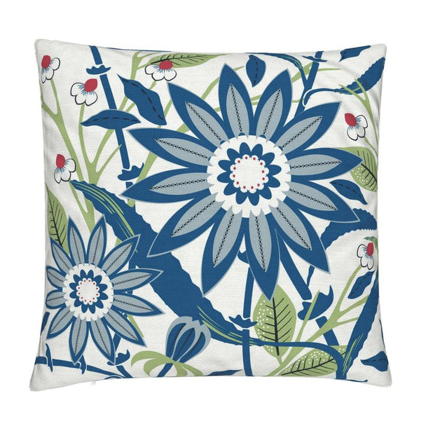 Image of a cotton linen blend throw pillow cover featuring colorful stylized flowers in blue, with green and red accents against a white background