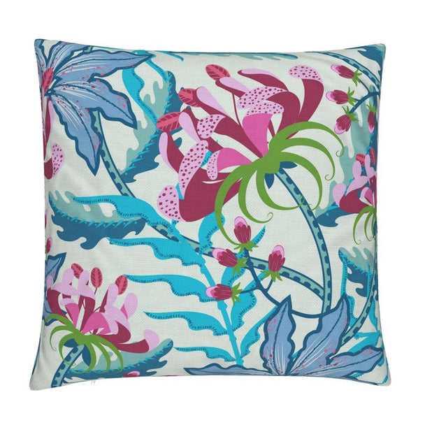 Image of a cotton linen blend throw pillow cover featuring colorful stylized flowers against a white background