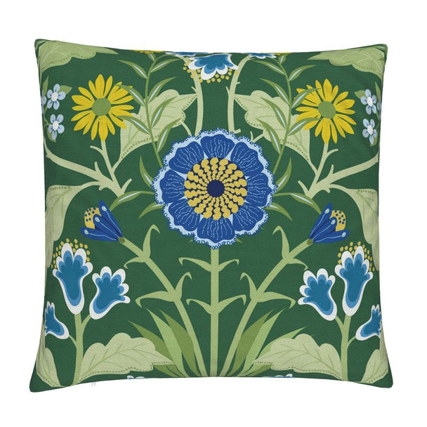 Image of a cotton linen blend throw pillow cover featuring stylized flowers against a green background