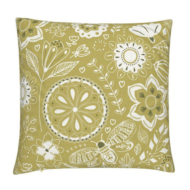 Image of a cotton linen blend throw pillow cover featuring stylized flowers against a gold background