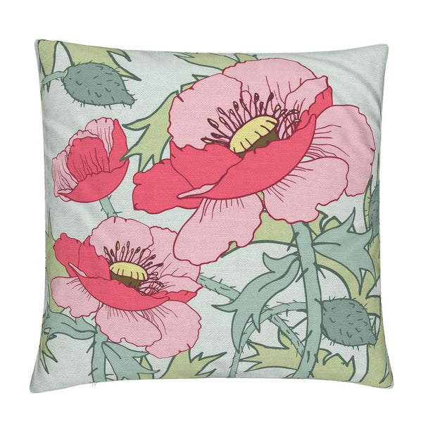 Image of pillow cover featuring hand drawn poppies in pink and rose color, surrounded by leaves, on a pale green background.