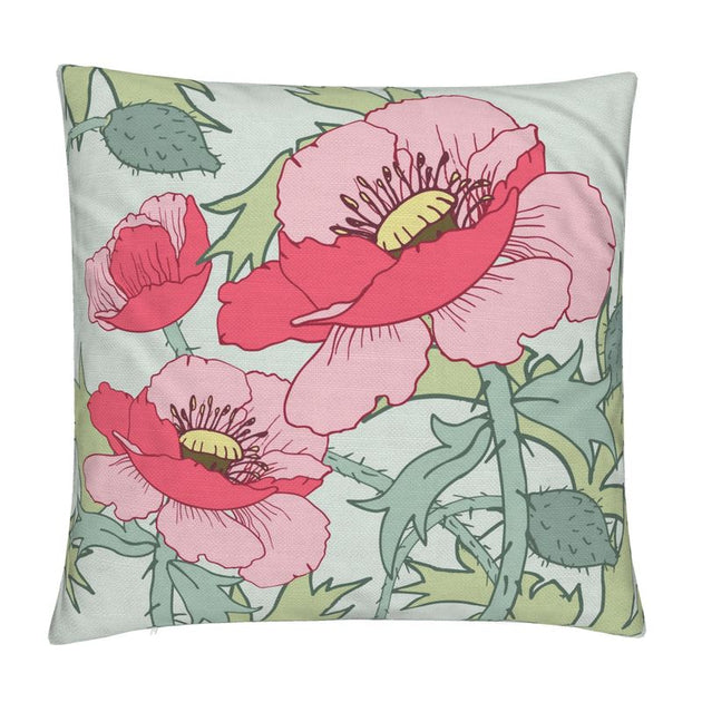 Image of pillow cover featuring hand drawn poppies in pink and rose color, surrounded by leaves, on a pale green background.