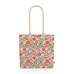 Image of tote bag with orange and red flowers, green leaves, ladybugs and butterflies against a white background