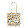 Image of tote bag with yellow flowers and tan and gold leaves against a white background