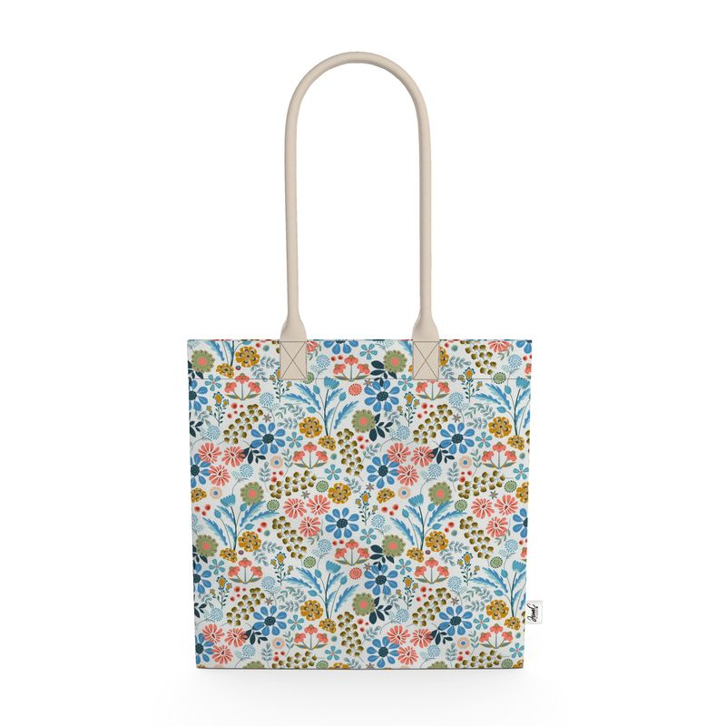 Image of tote bag with flowers in gold, green, blue and orange against a white background.