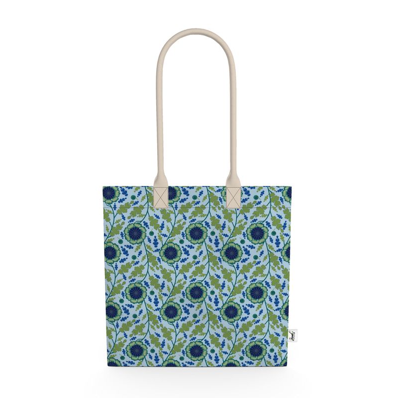 Image of organic cotton tote bag with blue and green flowers and leaves
