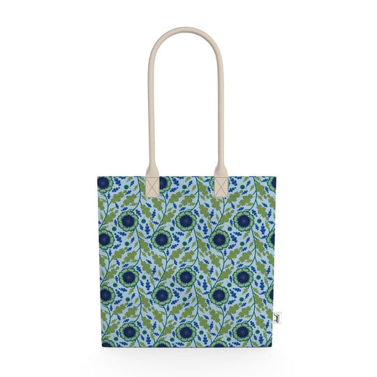 Image of organic cotton tote bag with blue and green flowers and leaves