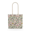 image of organic cotton tote bag with abstract grey, gold and pink flowers and leaves on a pale green background