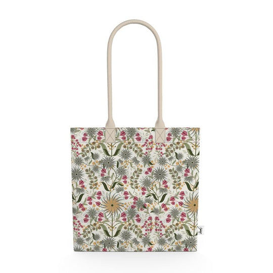 image of organic cotton tote bag with abstract grey, gold and pink flowers and leaves on a pale green background