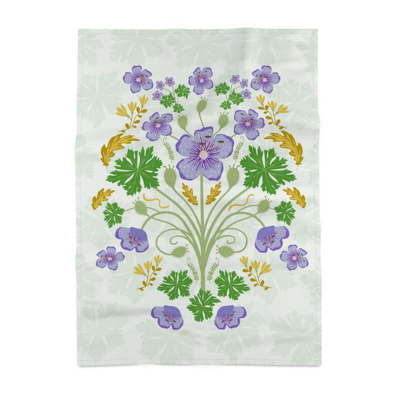Image of tea towel with lavender hand drawn flowrs and leaves in gold and green