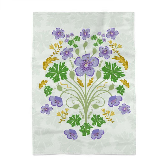 Image of tea towel with lavender hand drawn flowrs and leaves in gold and green