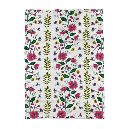 Image of tea towel with red flowers, green leaves and butterflies
