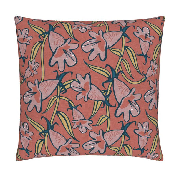 Image of pillow cover with pink penstemon flowers and stems