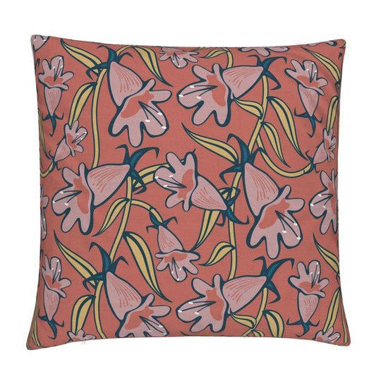 Image of pillow cover with pink penstemon flowers and stems