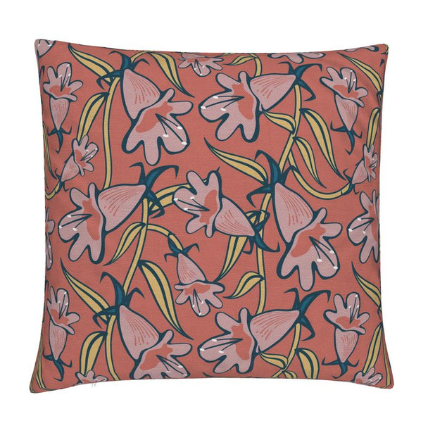 Image of pillow cover with pink penstemon flowers and stems