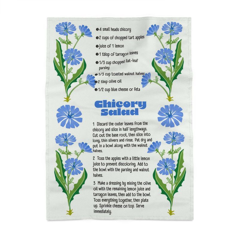 Image of a tea towel with blue chicory flowers and a recipe for chicory salad