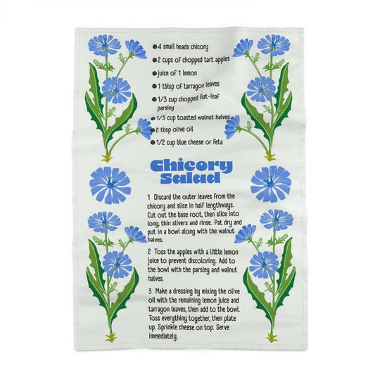 Image of a tea towel with blue chicory flowers and a recipe for chicory salad