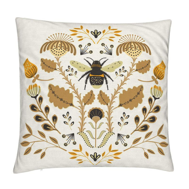 image of throw pillow with illustration of big bumblebee and flowers