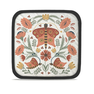 potholder featuring illustration of hand drawn butterfly and flowers in peach and gold and rust. sold online at jean c studio