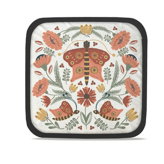 potholder featuring illustration of hand drawn butterfly and flowers in peach and gold and rust. sold online at jean c studio