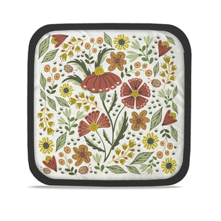 potholder featuring illustration of hand drawn flowers and lady bugs in rust and gold colors. Sold online at Jean c studio