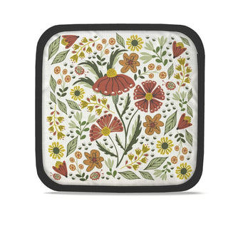 potholder featuring illustration of hand drawn flowers and lady bugs in rust and gold colors. Sold online at Jean c studio