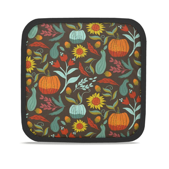 image of fall themed pot holder with pumpkins and sunflowers