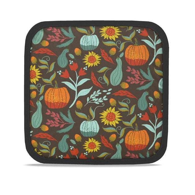 image of fall themed pot holder with pumpkins and sunflowers