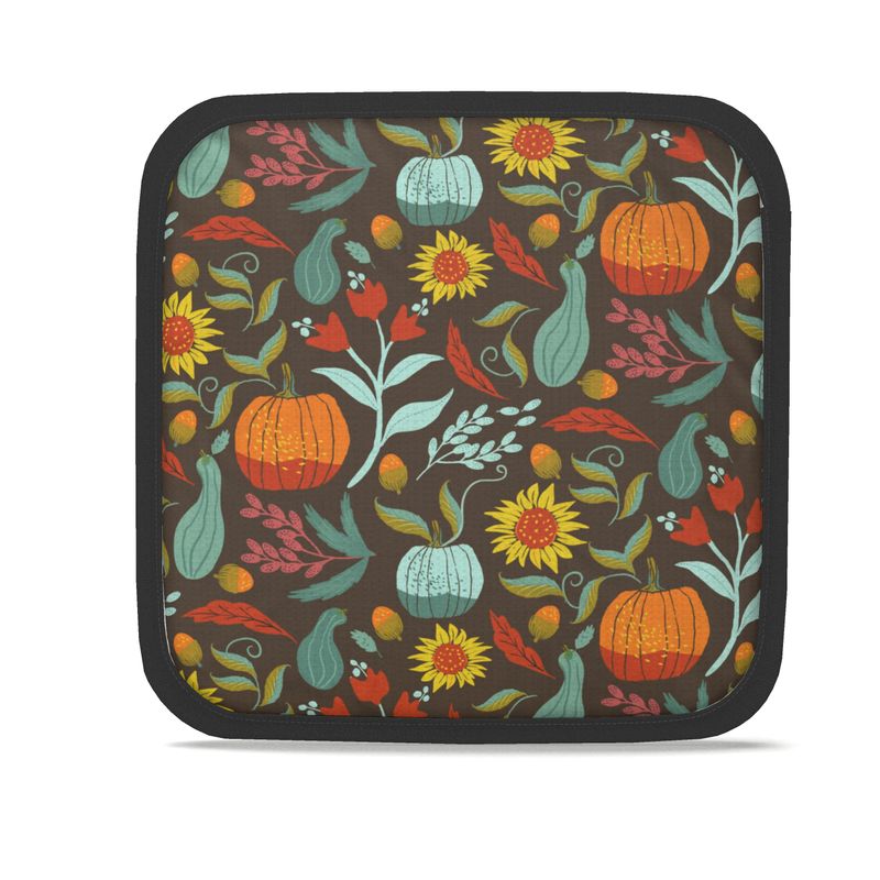 image of fall themed pot holder with pumpkins and sunflowers