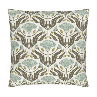 Block print pillow cover featuring hand carved motifs in a color palette of sage, green and gold