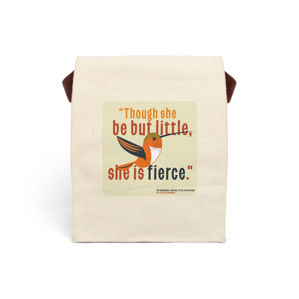 image of canvas lunch bag with illustration of cute bird and words, "though she be but little, she is fierce."