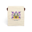 image of canvas lunch bag with illustration of large bee and purple flowers