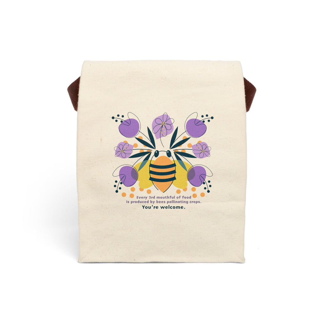 image of canvas lunch bag with illustration of large bee and purple flowers