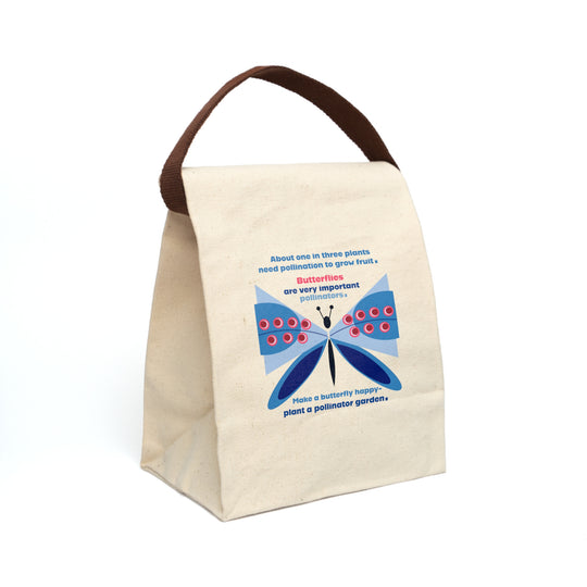image of canvas lunch bag with illustration of large stylized blue butterfly and message about the importance of butterflies as pollinators