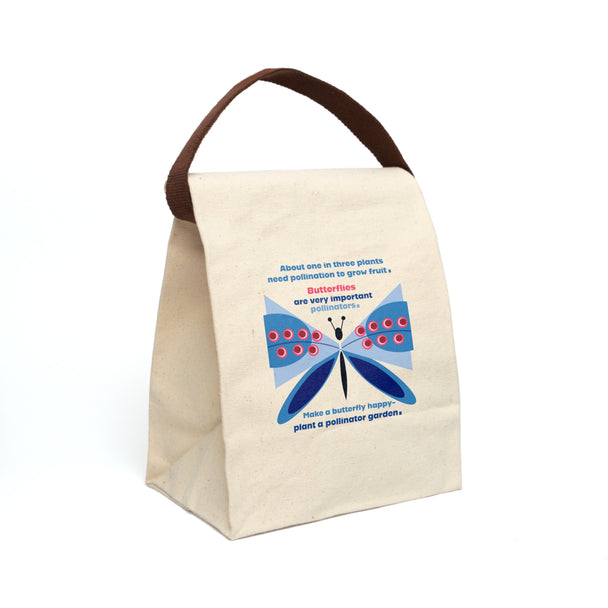 image of canvas lunch bag with illustration of large stylized blue butterfly and message about the importance of butterflies as pollinators