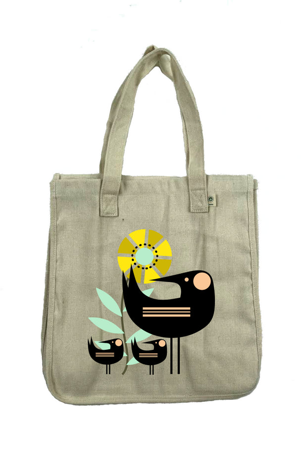 image of hemp tote with illustration of blackbirds and a big sunflower