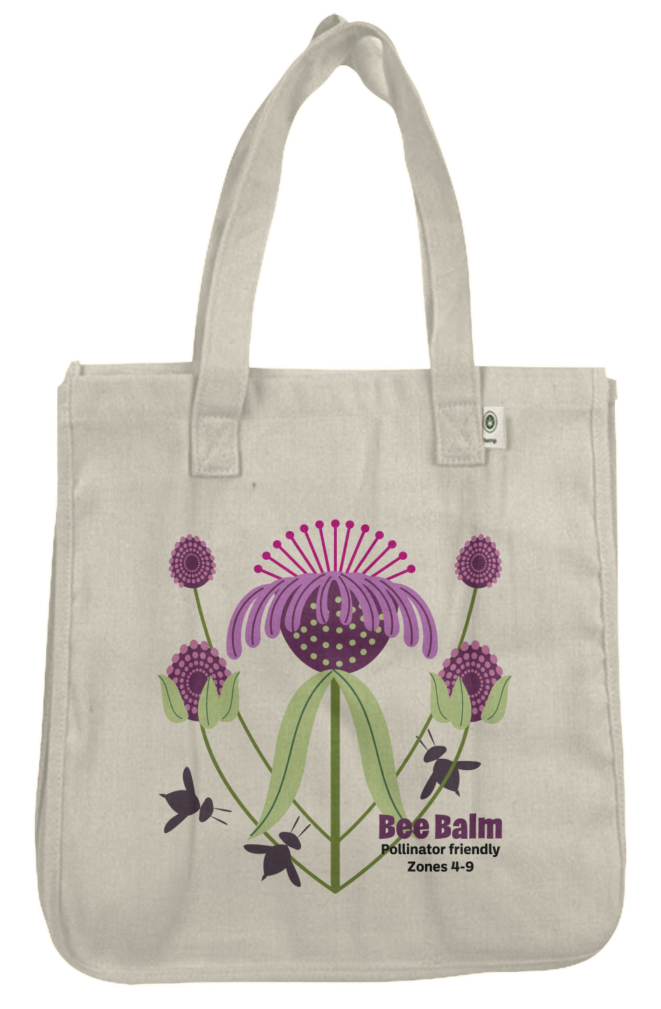 image of hemp tote with illustration of purple flowers and bees