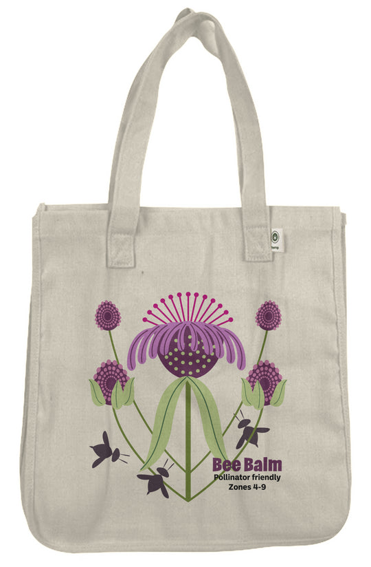 image of hemp tote with illustration of purple flowers and bees