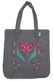 image of charcoal gray hemp tote with illustration of pink butterfly and flowers