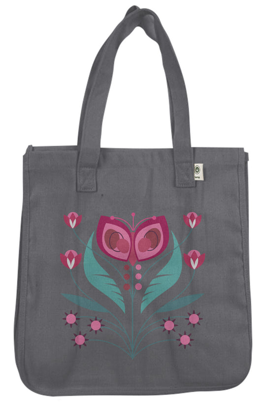 image of charcoal gray hemp tote with illustration of pink butterfly and flowers