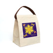 image of canvas lunch bag with illustration of large stylized yellow goldenrod flower and a bee and butterflies